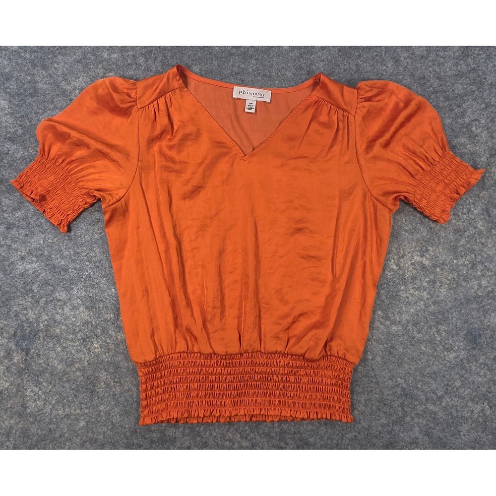 Philosophy Republic Orange Satin Smocked V-Neck Puff Sleeve Blouse Small Shirt